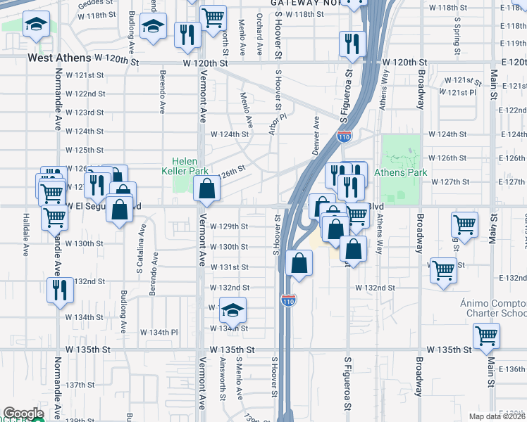 map of restaurants, bars, coffee shops, grocery stores, and more near 730 West El Segundo Boulevard in Gardena