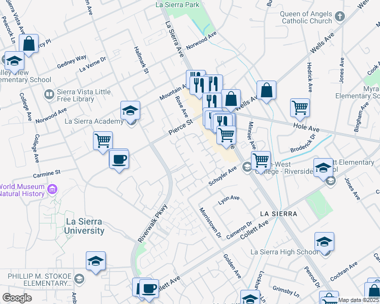 map of restaurants, bars, coffee shops, grocery stores, and more near 4732 Lakerun Court in Riverside