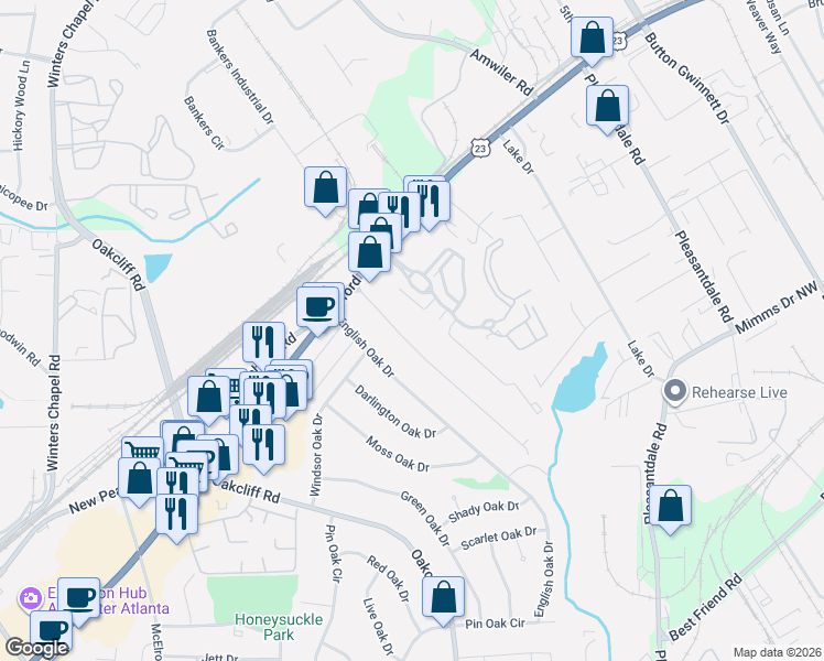 map of restaurants, bars, coffee shops, grocery stores, and more near 12 Poplar Drive in Atlanta