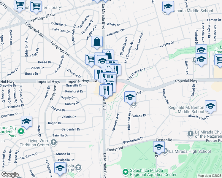map of restaurants, bars, coffee shops, grocery stores, and more near 12740 La Mirada Boulevard in La Mirada