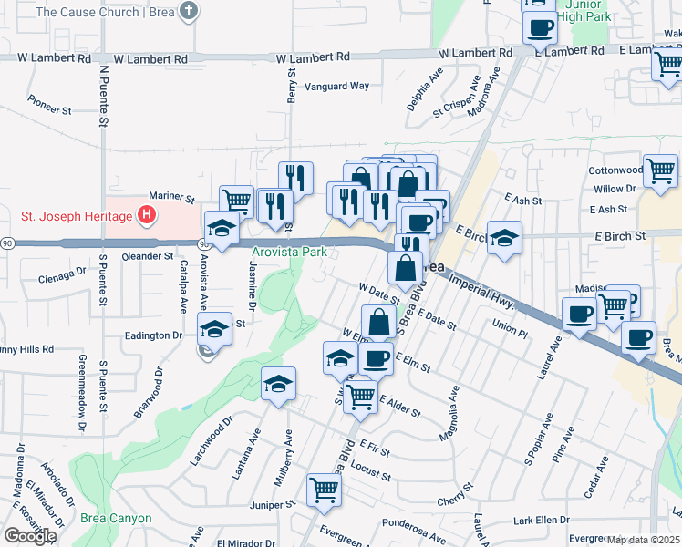 map of restaurants, bars, coffee shops, grocery stores, and more near 401 West Date Street in Brea