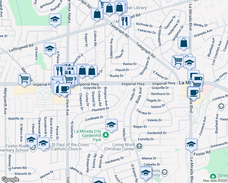 map of restaurants, bars, coffee shops, grocery stores, and more near 12628 Edderton Avenue in La Mirada
