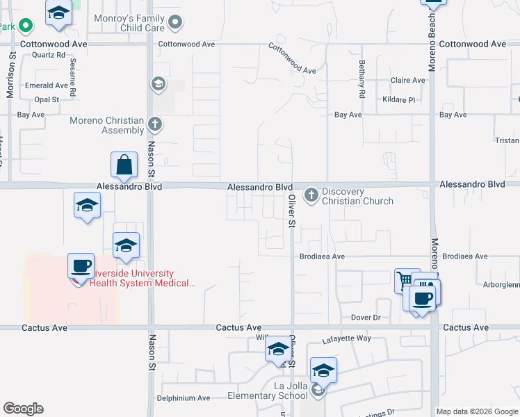 map of restaurants, bars, coffee shops, grocery stores, and more near 14101 Oliver Street in Moreno Valley