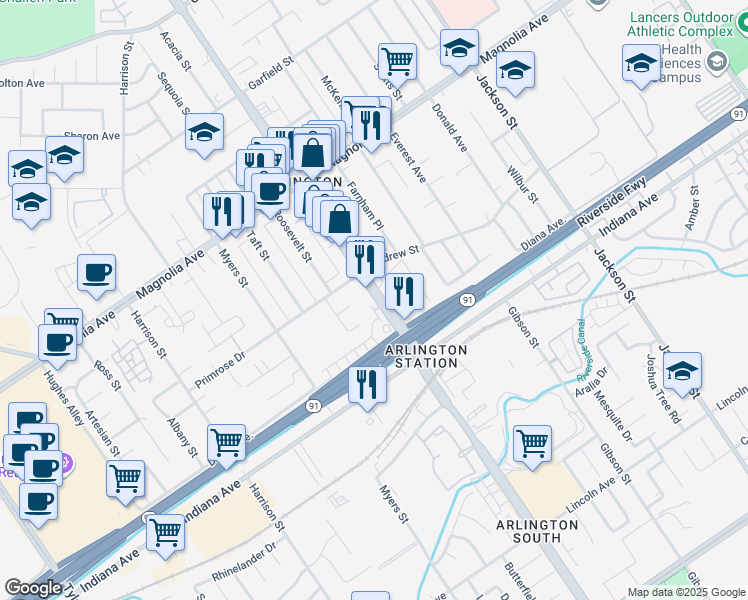map of restaurants, bars, coffee shops, grocery stores, and more near 3512 Van Buren Boulevard in Riverside