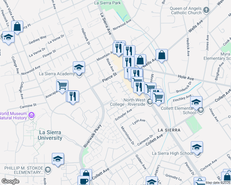 map of restaurants, bars, coffee shops, grocery stores, and more near 4747 Lakerun Court in Riverside