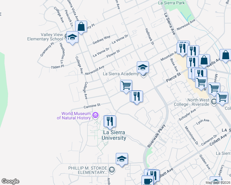 map of restaurants, bars, coffee shops, grocery stores, and more near 4984 Walnut Street in Riverside