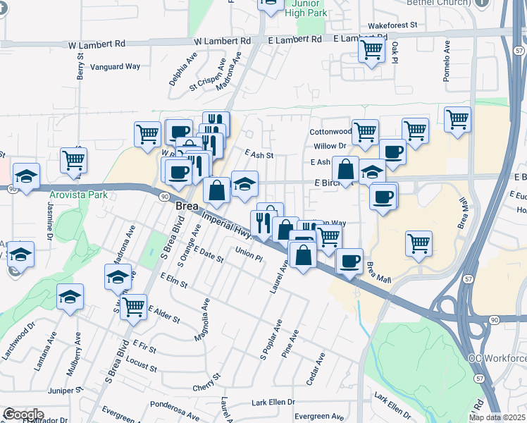 map of restaurants, bars, coffee shops, grocery stores, and more near 230 South Redwood Avenue in Brea