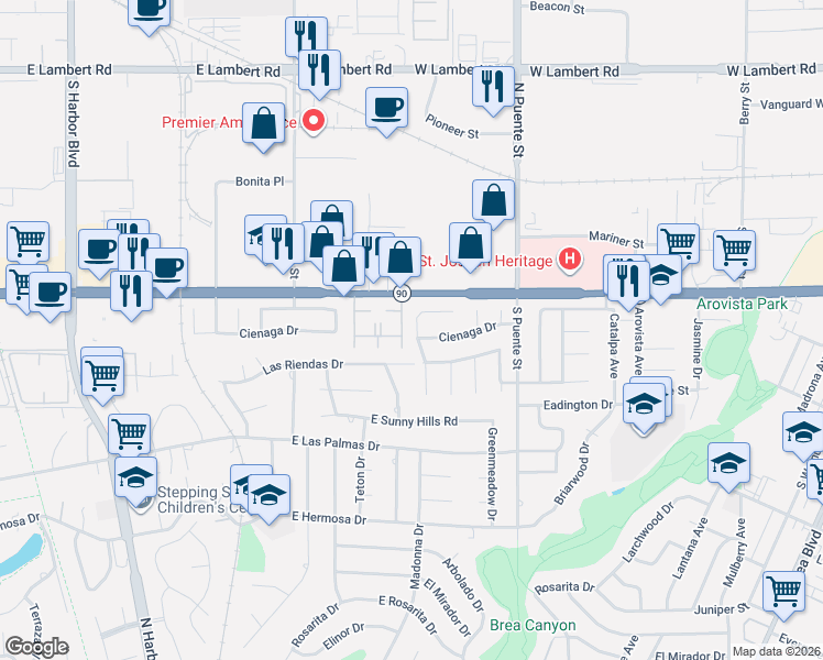 map of restaurants, bars, coffee shops, grocery stores, and more near 700 San Ramon Drive in Fullerton
