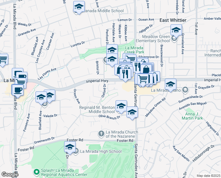 map of restaurants, bars, coffee shops, grocery stores, and more near 12654 Oxford Drive in La Mirada