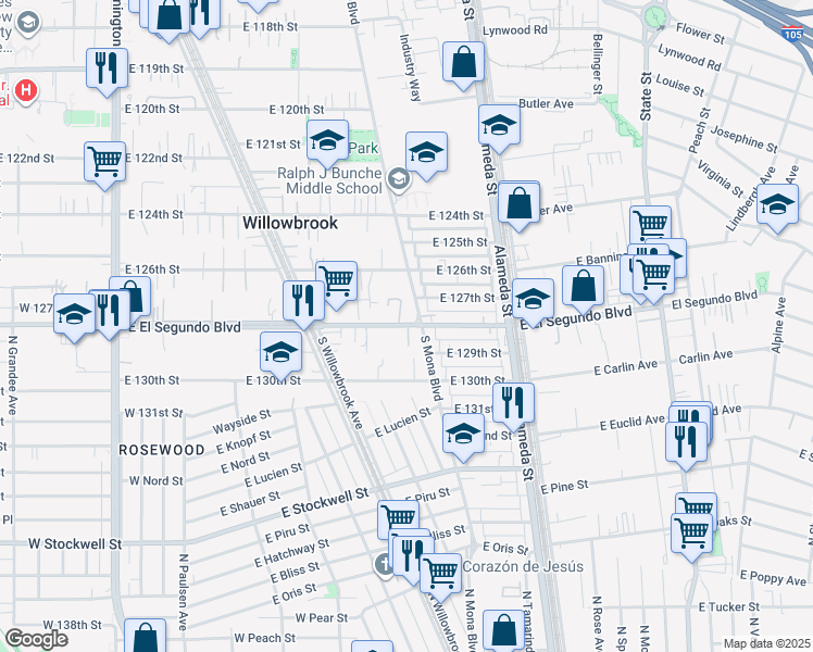 map of restaurants, bars, coffee shops, grocery stores, and more near 12716 South Mona Boulevard in Compton
