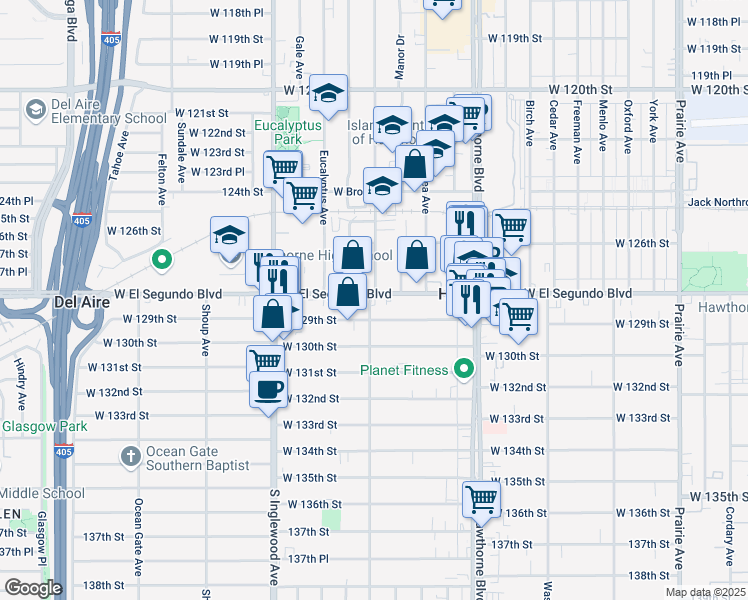 map of restaurants, bars, coffee shops, grocery stores, and more near 12721 Ramona Avenue in Hawthorne