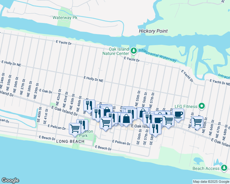 map of restaurants, bars, coffee shops, grocery stores, and more near 203 Northeast 51st Street in Oak Island