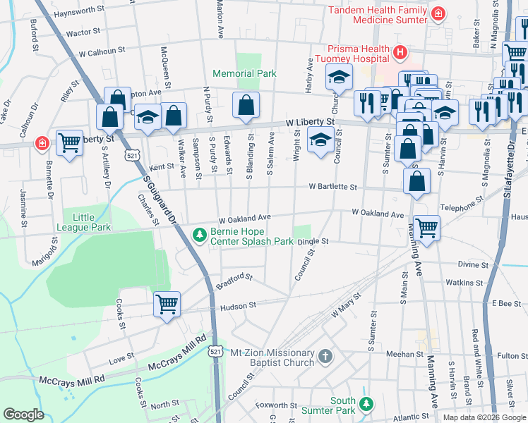 map of restaurants, bars, coffee shops, grocery stores, and more near 111 South Salem Avenue in Sumter