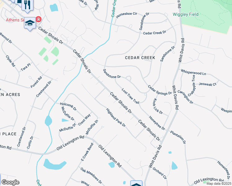 map of restaurants, bars, coffee shops, grocery stores, and more near 1625 Cedar Shoals Drive in Athens