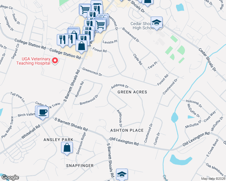 map of restaurants, bars, coffee shops, grocery stores, and more near 177 Ashbrook Drive in Athens