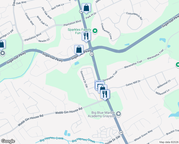 map of restaurants, bars, coffee shops, grocery stores, and more near 1002 Sonoma Drive Southwest in Lawrenceville