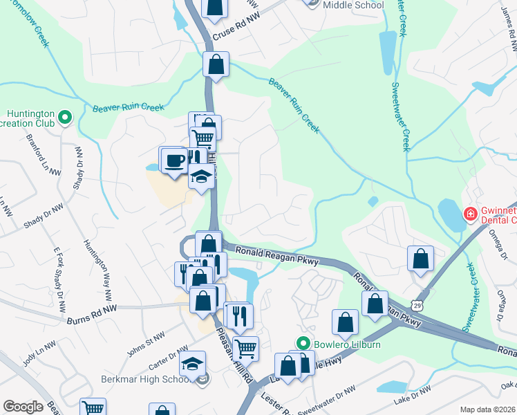 map of restaurants, bars, coffee shops, grocery stores, and more near 3706 Charles Street Northwest in Lilburn