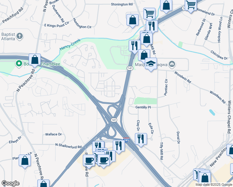 map of restaurants, bars, coffee shops, grocery stores, and more near 2559 Cherry Birch Lane in Doraville