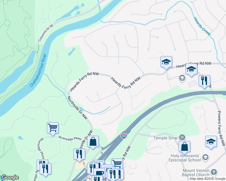 map of restaurants, bars, coffee shops, grocery stores, and more near 215 Cameron Glen Drive Northwest in Atlanta