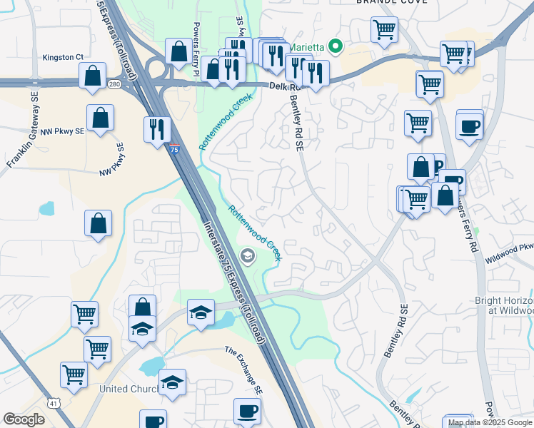 map of restaurants, bars, coffee shops, grocery stores, and more near 2741 Saint Augustine Trail Southeast in Marietta