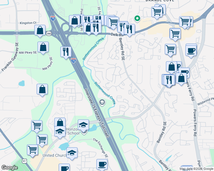 map of restaurants, bars, coffee shops, grocery stores, and more near 2753 Saint Augustine Trail Southeast in Marietta