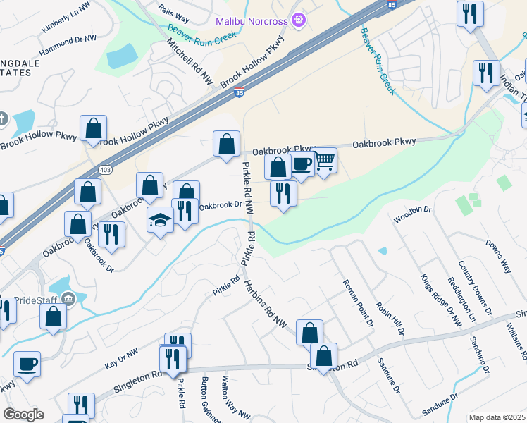 map of restaurants, bars, coffee shops, grocery stores, and more near 1412 Oakbrook Dr in Norcross