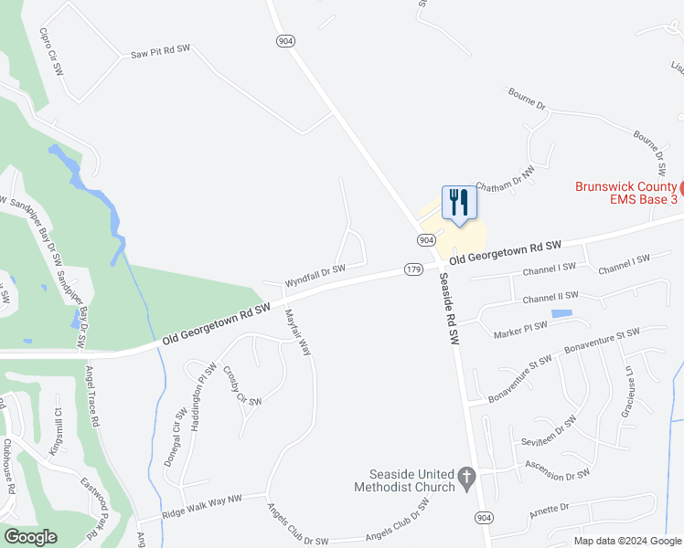 map of restaurants, bars, coffee shops, grocery stores, and more near 931 Wyndfall Drive Southwest in Sunset Beach