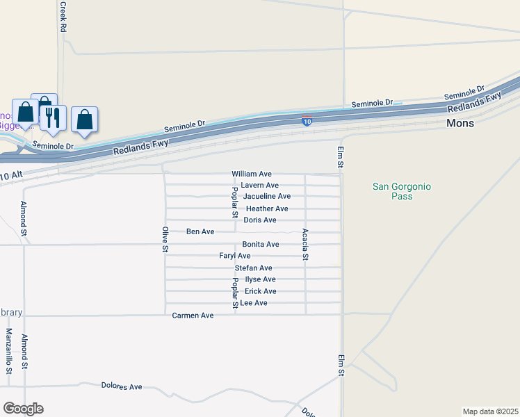 map of restaurants, bars, coffee shops, grocery stores, and more near Heather Avenue in Cabazon