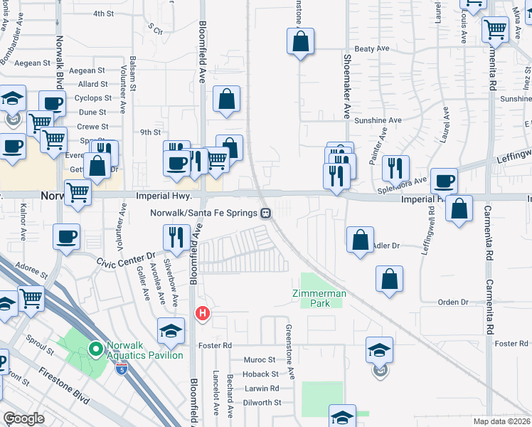 map of restaurants, bars, coffee shops, grocery stores, and more near 12700 Imperial Hwy in Norwalk