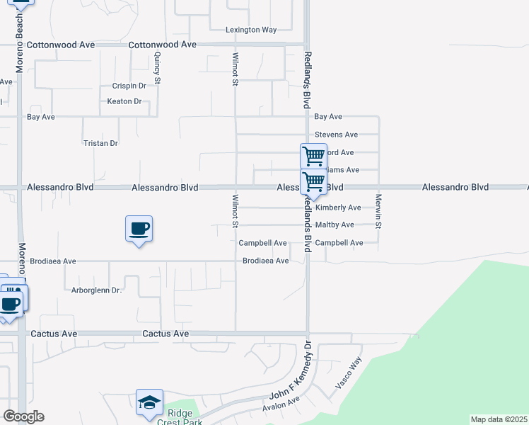 map of restaurants, bars, coffee shops, grocery stores, and more near 28841 Kimberly Avenue in Moreno Valley