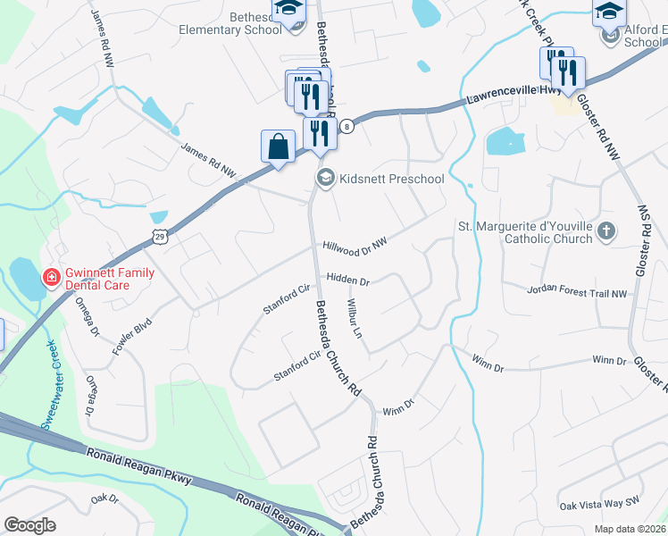 map of restaurants, bars, coffee shops, grocery stores, and more near 3072 Hillwood Drive Northwest in Lawrenceville