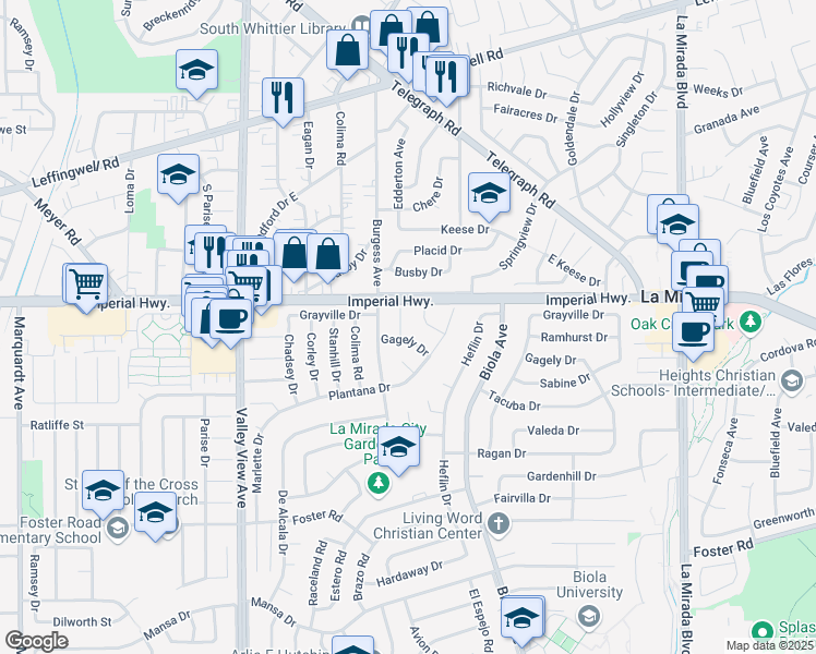 map of restaurants, bars, coffee shops, grocery stores, and more near 12628 Edderton Avenue in La Mirada