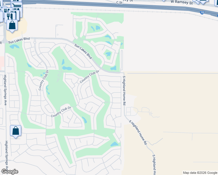 map of restaurants, bars, coffee shops, grocery stores, and more near 4877 West Glen Abbey Way in Banning