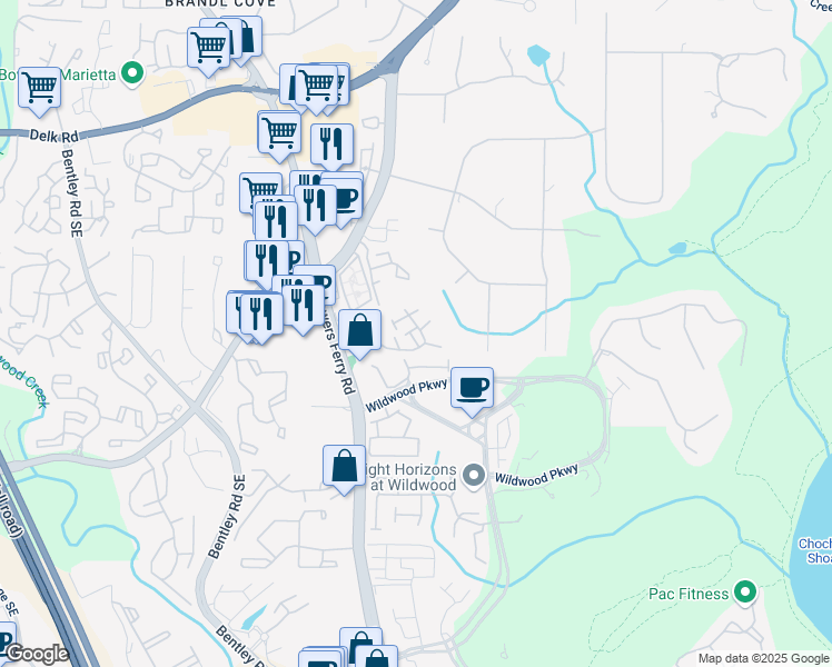 map of restaurants, bars, coffee shops, grocery stores, and more near 3085 Balearic Drive Southeast in Marietta