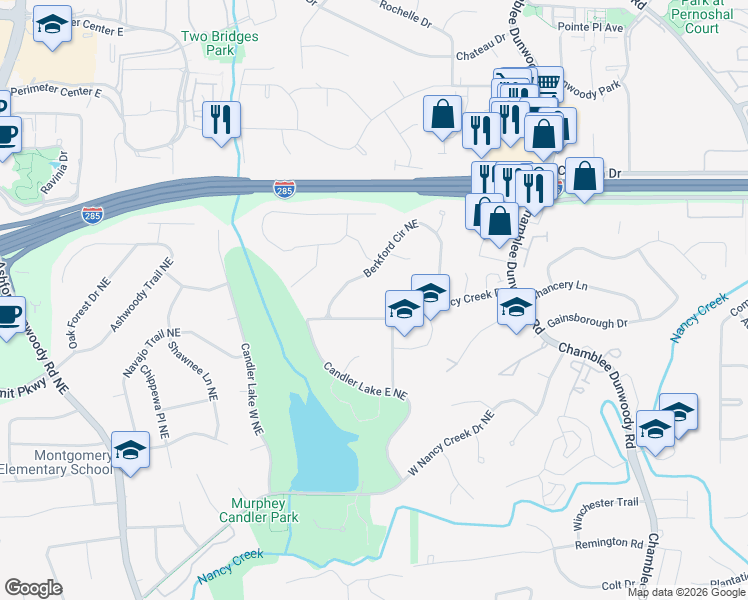 map of restaurants, bars, coffee shops, grocery stores, and more near 4195 Berkford Circle Northeast in Atlanta