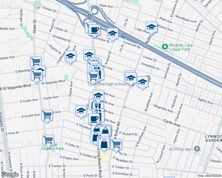 map of restaurants, bars, coffee shops, grocery stores, and more near 3564 Magnolia Avenue in Lynwood