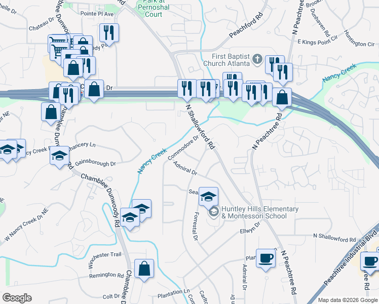 map of restaurants, bars, coffee shops, grocery stores, and more near 4211 Commodore Drive in Chamblee
