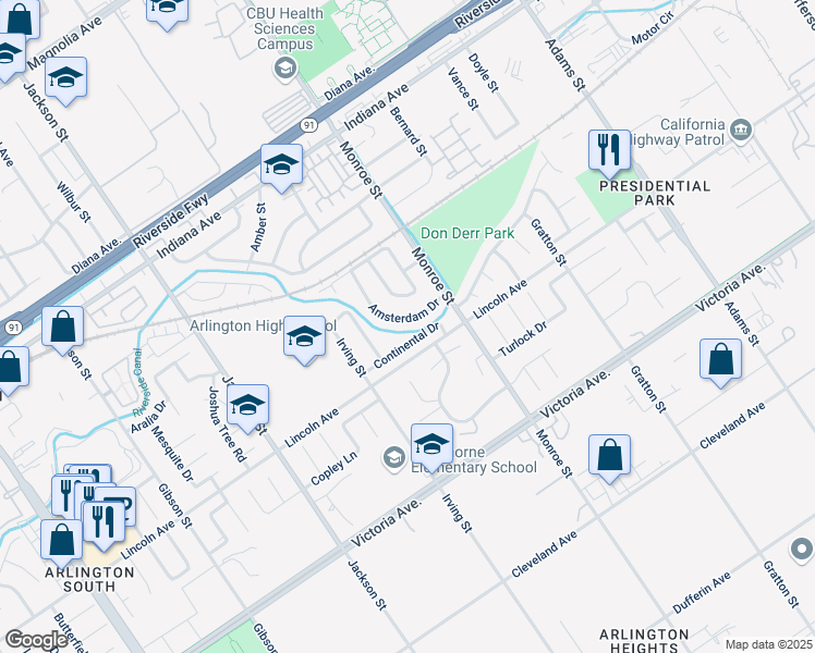 map of restaurants, bars, coffee shops, grocery stores, and more near 3022 Amsterdam Drive in Riverside