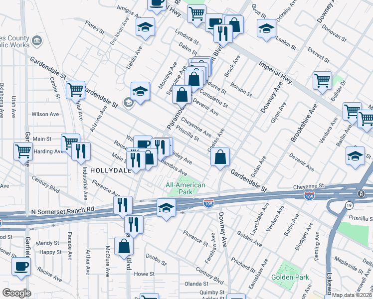 map of restaurants, bars, coffee shops, grocery stores, and more near 13108 Brock Avenue in Paramount