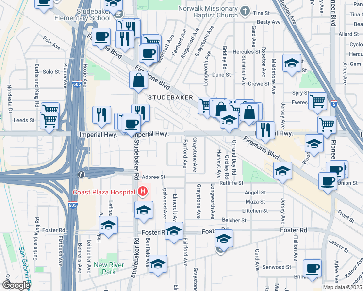 map of restaurants, bars, coffee shops, grocery stores, and more near 11136 Lyndora Street in Norwalk