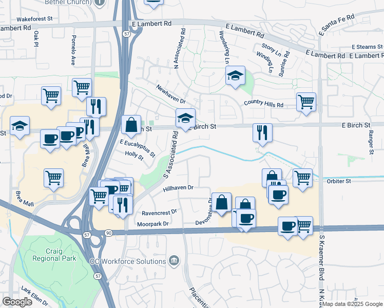map of restaurants, bars, coffee shops, grocery stores, and more near 2045 Chevy Chase Drive in Brea