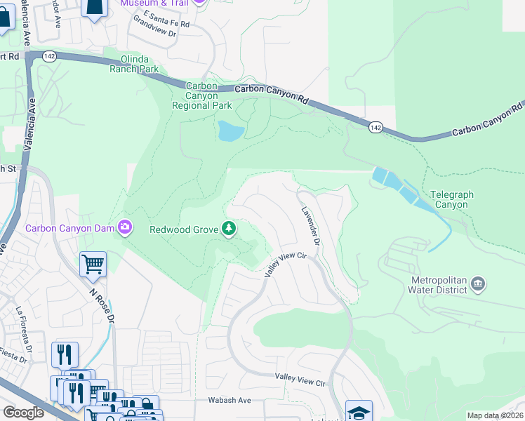 map of restaurants, bars, coffee shops, grocery stores, and more near 3264 Silver Maple Drive in Yorba Linda