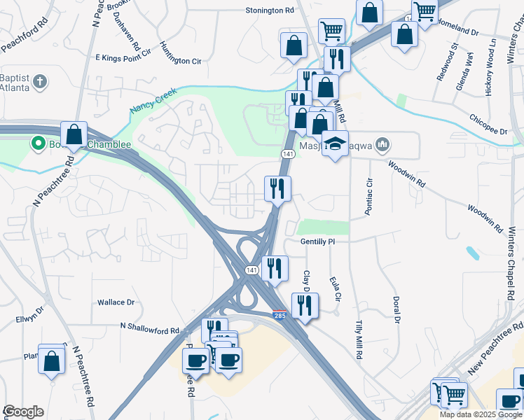 map of restaurants, bars, coffee shops, grocery stores, and more near 2559 Cherry Birch Lane in Doraville