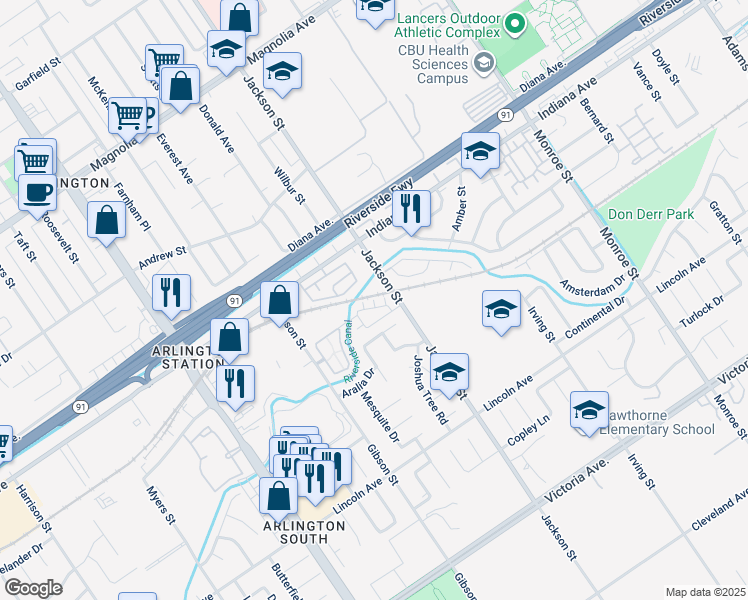 map of restaurants, bars, coffee shops, grocery stores, and more near Madrone Lane in Riverside