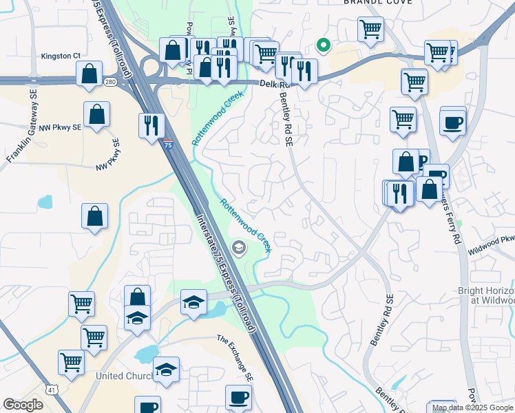 map of restaurants, bars, coffee shops, grocery stores, and more near 2741 Saint Augustine Trail Southeast in Marietta