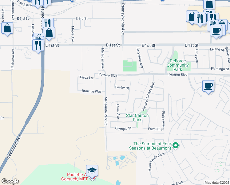map of restaurants, bars, coffee shops, grocery stores, and more near 1257 Foster Street in Beaumont