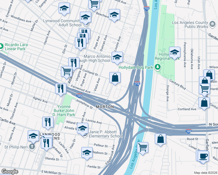 map of restaurants, bars, coffee shops, grocery stores, and more near 11648 Lugo Park Avenue in Lynwood