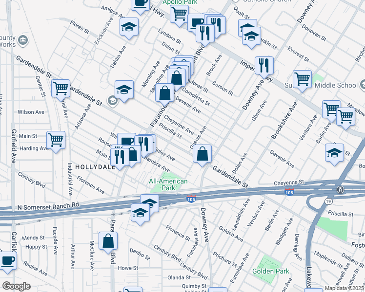 map of restaurants, bars, coffee shops, grocery stores, and more near 8135 Gardendale Street in Downey