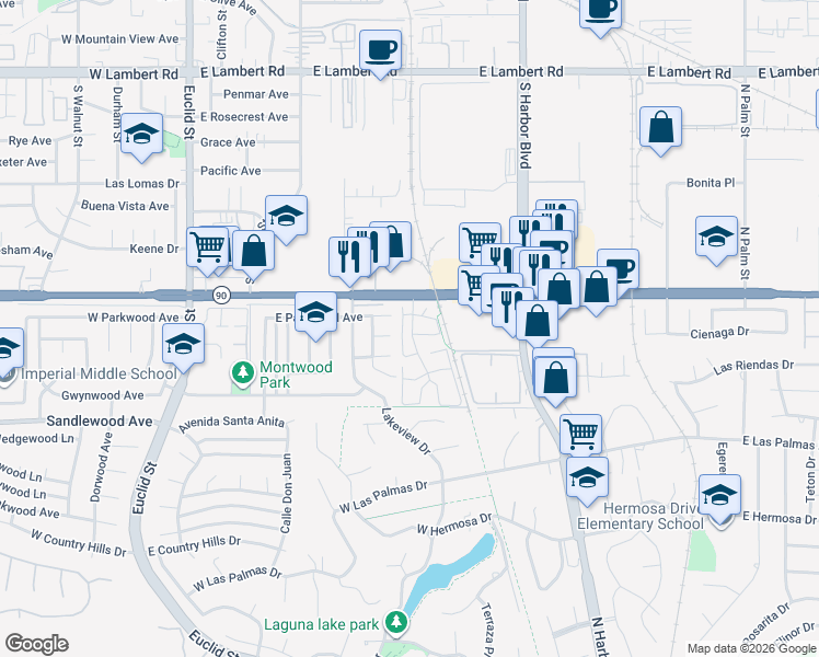 map of restaurants, bars, coffee shops, grocery stores, and more near 1222 Devonshire Lane in La Habra