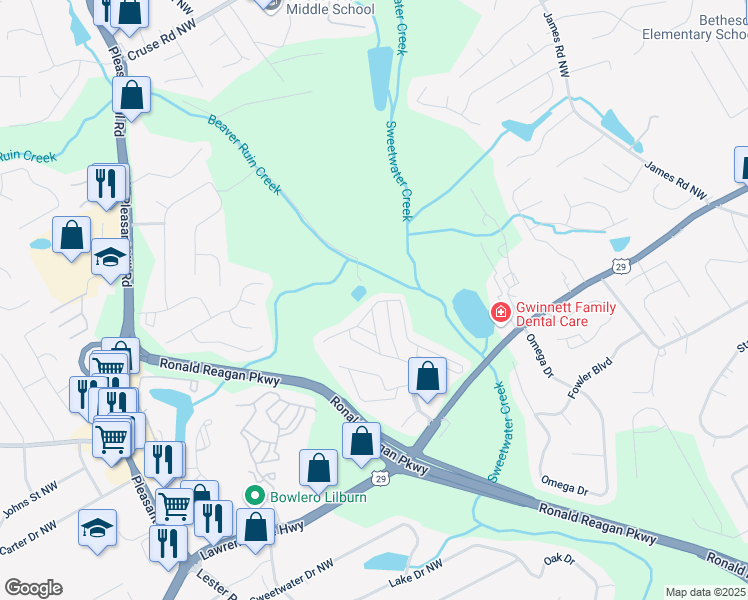 map of restaurants, bars, coffee shops, grocery stores, and more near 89 West Cardinal Lane in Lawrenceville